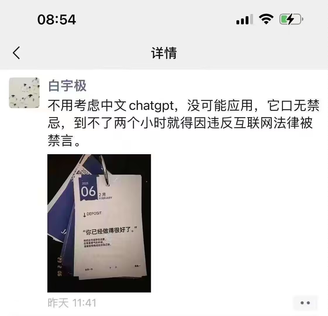 不用考虑中文chatgpt,没可能应用，它口无禁显忌，到不了两个小时就得因违反互联网法律被禁言